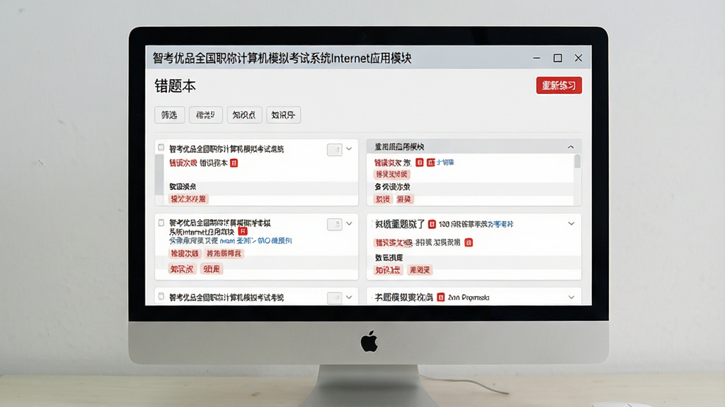 错题自动收集功能展示。主体:电脑屏幕上显示“智考优品全国职称计算机模拟考试系统Internet应用模块”的错题本页面,列表展示多道错题,每道题带有错误次数和知识点标签。布局:屏幕居中,错题列表整齐排列。排版:顶部有筛选按钮,下方是错题卡片。风格:简洁实用风格,浅灰色背景配红色错误标记。细节:屏幕内可见“错题本”与“重新练习”字样。画质:高清、干净、无多余元素。