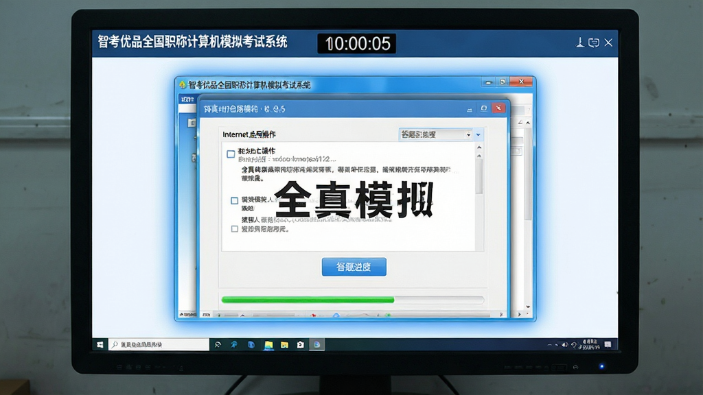 全真模拟考场界面展示。主体:电脑屏幕上显示“智考优品全国职称计算机模拟考试系统Internet应用模块”的模拟考试答题界面,顶部有倒计时,中间是Internet应用操作题,底部有答题进度条。布局:屏幕占据画面主要位置,界面清晰。排版:模拟考试窗口居中,周围有淡淡的蓝色光晕。风格:科技感与教育感结合,简洁专业。细节:屏幕内可见“全真模拟”字样与考试操作按钮。画质:高清、干净、无多余元素。