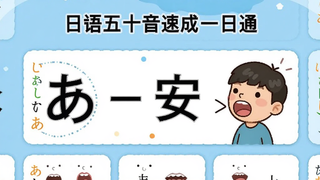 画面展示“日语五十音速成一日通”软件中的联想记忆卡片,卡片上写着“あ”与“安”的联想关系,旁边配有张嘴发音的小人插画,背景为浅蓝色,布局为卡片网格排列,排版整齐,风格为卡通教育风,细节包含假名笔顺和口型图,画质高清,干净,无多余元素