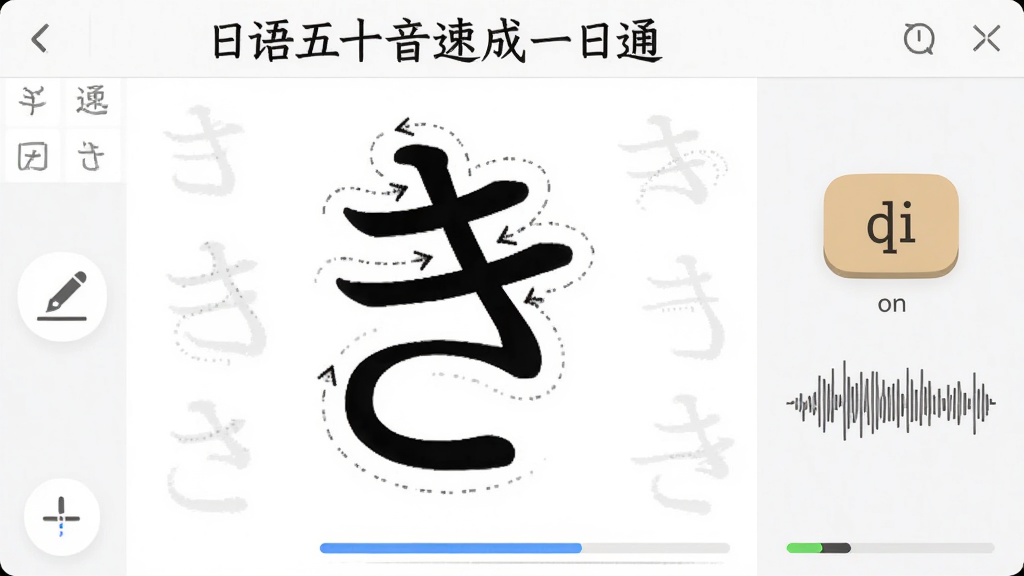 画面展示“日语五十音速成一日通”手写临摹界面,屏幕中央是放大的假名“き”,周围有笔顺箭头和虚线描红,右侧有发音按钮和录音波形,背景为白色,布局为左中右三栏,排版简洁,风格为工具类软件界面,细节包含触控笔图标和进度条,画质高清,干净,无多余元素