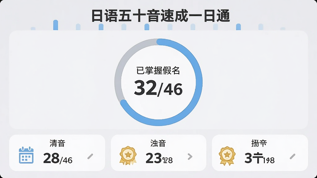 画面展示“日语五十音速成一日通”学习进度面板,界面显示“已掌握假名 32/46”的环形进度图,下方列出清音、浊音、拗音三个模块的完成百分比,背景为淡灰色,布局为上下结构,排版清晰,风格为数据仪表盘风,细节包含日历打卡图标和奖杯徽章,画质高清,干净,无多余元素