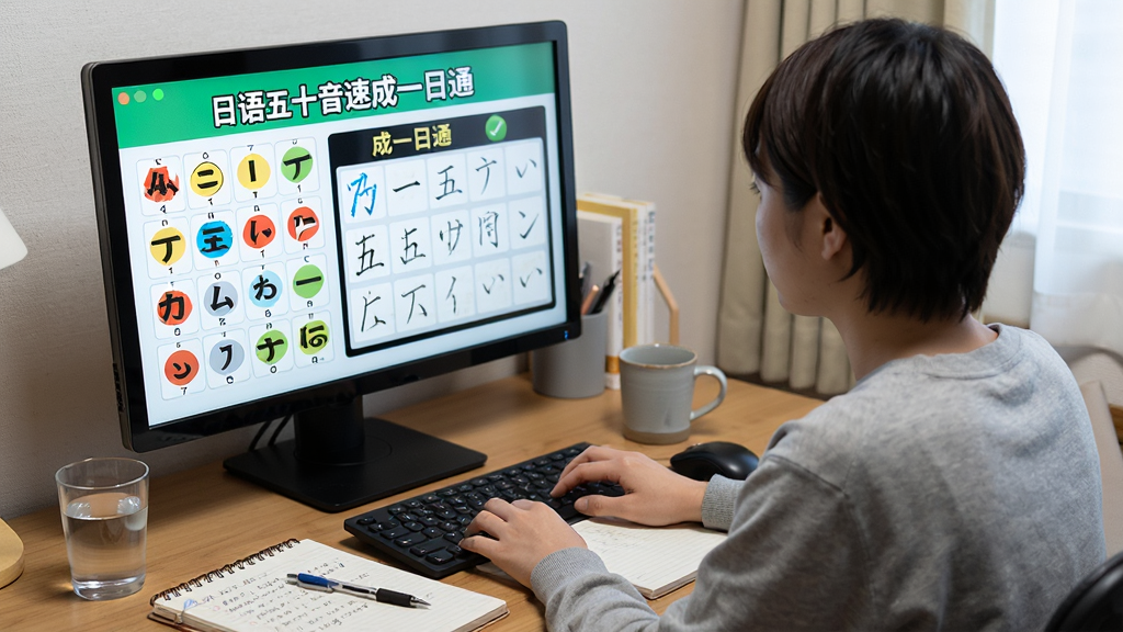 画面展示用户坐在电脑前使用“日语五十音速成一日通”学习,屏幕显示五十音图界面和手写临摹区域,桌面摆放笔记本和笔,布局为人物侧后方视角,风格为写实生活风,细节包含屏幕发光、笔记记录、水杯,画质高清,干净,无多余元素