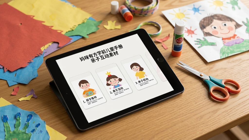 һ�š������з�ѧǰ��ͯ�ֲᡱ���ӻ����ز�ҳ��ĳ���ͼ������Ϊ�����ϵ�ƽ��������ֹ����ϣ���Ļ����ʾ���ӻ���迨Ƭ������Ϊб���ӽǣ����Ϊ��ܰ�����ϸ�ڰ�����ֽ���������������ͯ�ֹ���Ʒ�����ʸ��壬����ɾ����޶���Ԫ��