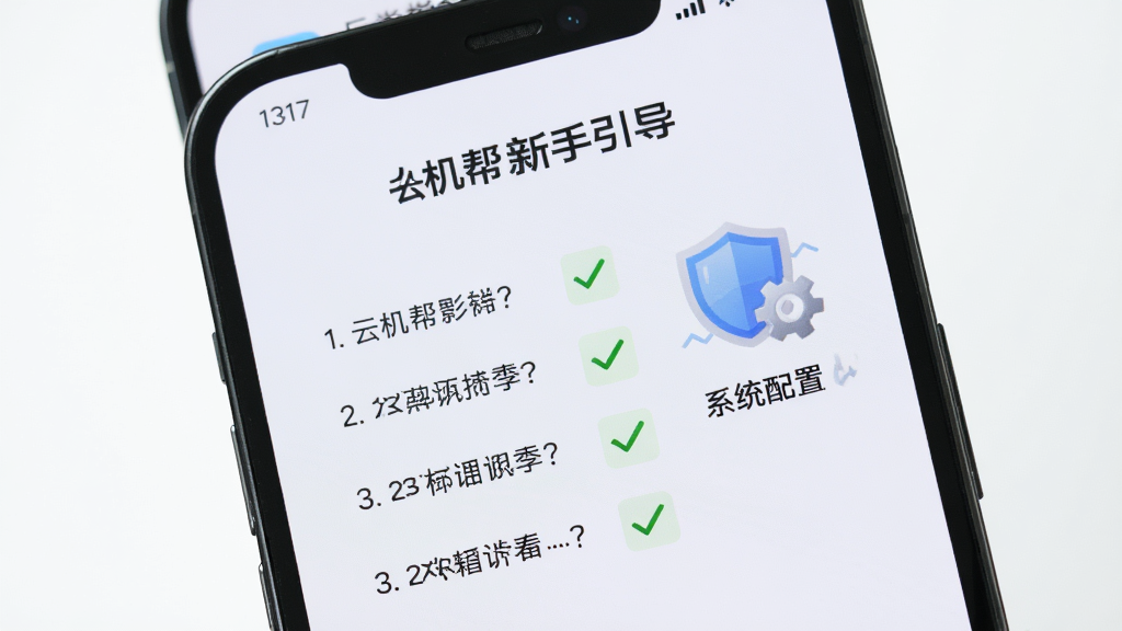 一部手机屏幕显示云机帮新手引导界面,画面中有清晰的步骤提示与勾选标记,旁边有盾牌与齿轮图标代表安全设置与系统配置,背景为浅色简洁风格,细节上突出避坑与提示元素,画质干净,无多余元素