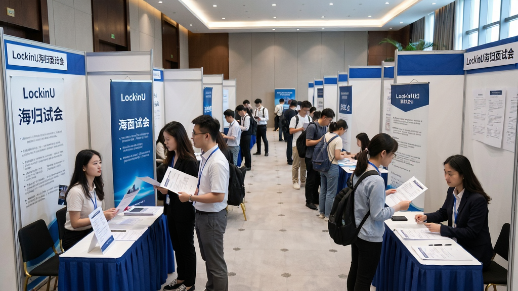 LockinU海归面试会活动现场场景,主体为招聘会现场企业与求职者交流画面,布局为广角视角展示多个企业展位,风格为真实纪实摄影风,细节包括企业展架、求职者手持简历、交流洽谈场景,画质高清,干净,无多余元素