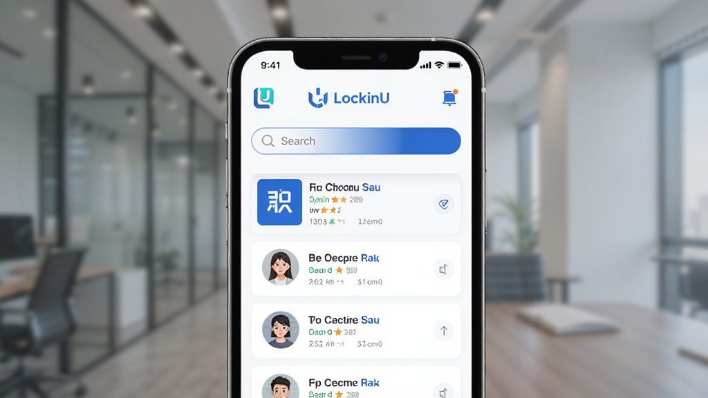 LockinU海归招聘平台手机应用界面展示,主体为一部智能手机屏幕显示LockinU应用主页,包含职位推荐列表和搜索栏,布局采用居中构图,排版简洁现代,风格为清新商务风,细节包括蓝色主色调、白色背景、企业logo图标和求职者头像,画质高清,干净,无多余元素