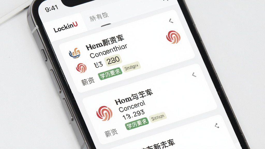 LockinU应用内海归专属职位库界面截图,主体为手机屏幕展示职位列表页面,包含多个职位卡片和企业logo,布局为纵向列表排版,风格为简约明亮商务风,细节包括职位名称、公司名称、薪资范围、学历要求标签,画质高清,干净,无多余元素