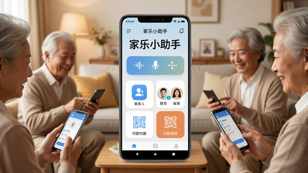 画面中央一部大屏幕安卓手机,屏幕上显示“家乐小助手”应用主界面,界面采用大字体大图标设计,包含语音助手按钮、联系人头像、付款码入口等模块;手机周围环绕几位面带笑容的老年人手持手机正在使用;背景为温暖明亮的家居客厅环境,色调柔和温馨;整体风格写实科技感与人文关怀结合,细节清晰,画质高清,干净整洁,无多余元素。