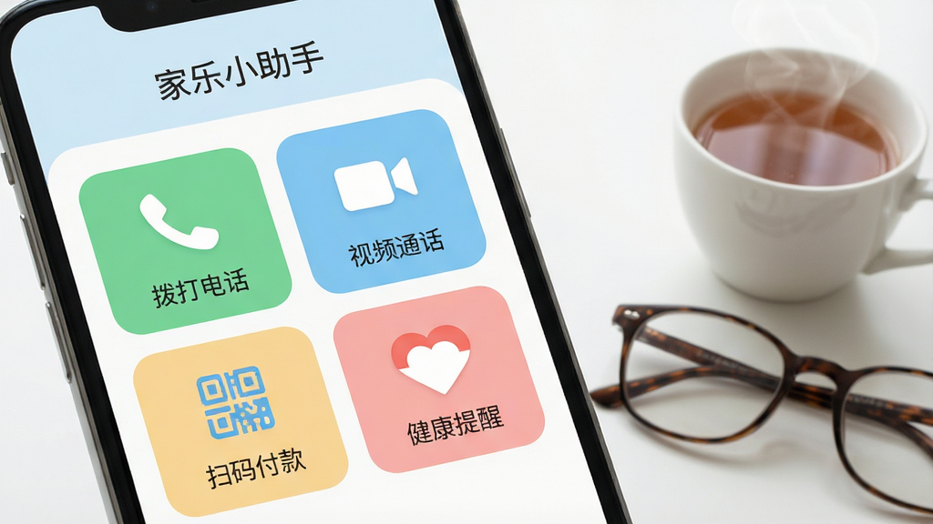 画面展示“家乐小助手”应用界面特写,大字体显示“拨打电话”“视频通话”“扫码付款”“健康提醒”四个大按钮,图标醒目,配色柔和护眼;手机旁边放置一副老花镜和一杯热茶,背景简洁素雅,风格清新写实,画质高清,干净整洁,无多余元素。