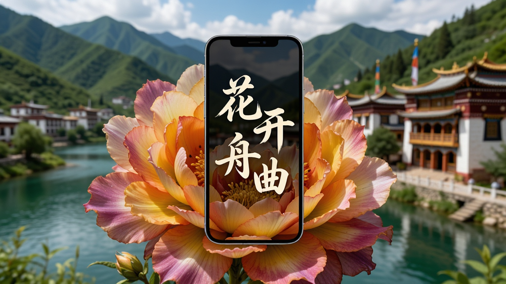一朵盛开的舟曲特色花卉特写,花瓣层叠,色彩鲜艳,背景是舟曲县城的青山绿水与特色藏族建筑,画面中央悬浮着一部智能手机,手机屏幕显示“花开舟曲”四个艺术字,排版居中,风格清新自然,细节丰富,画质高清,干净无多余元素
