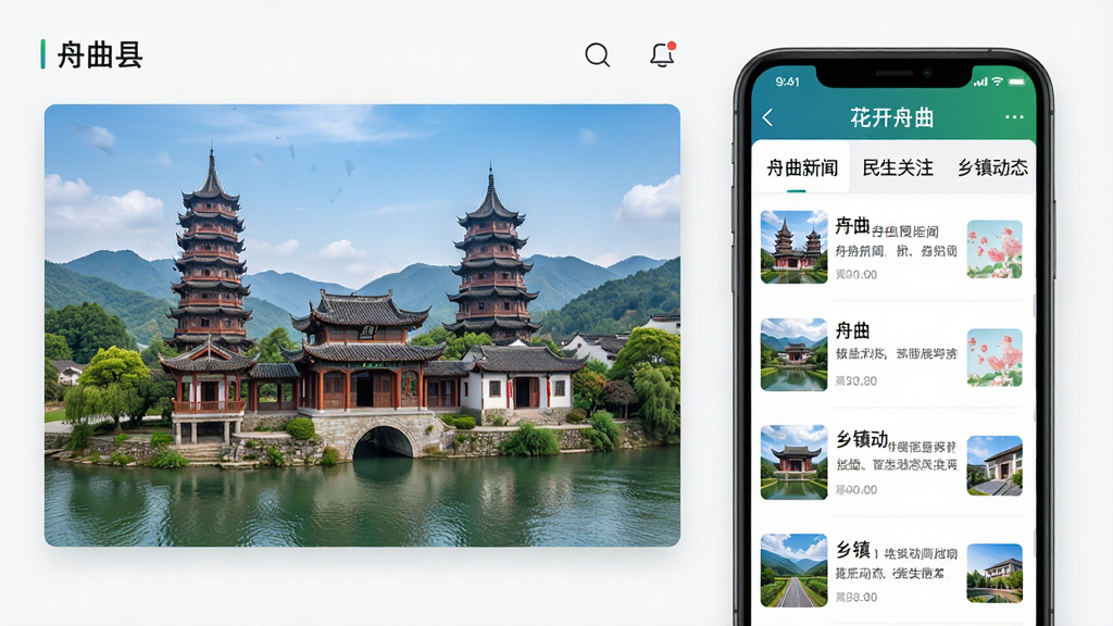 一个现代化的新闻资讯界面布局,左侧是舟曲县地标建筑图片,右侧是“花开舟曲”APP的资讯列表截图,列表中显示“舟曲新闻”“民生关注”“乡镇动态”等分类标签,整体排版清晰,风格商务简约,细节精致,画质高清,干净无多余元素