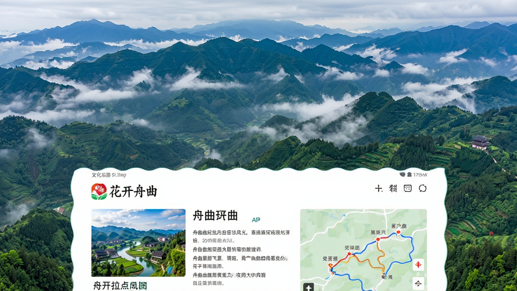 舟曲拉尕山自然风光俯瞰图,层峦叠嶂的青山,山间云雾缭绕,画面下方是“花开舟曲”APP的文化旅游页面截图,展示景点介绍和路线地图,排版错落有致,风格自然清新,细节丰富,画质高清,干净无多余元素