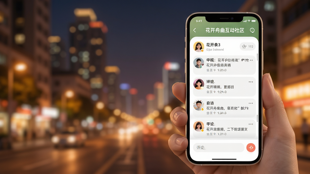 一个手机屏幕显示“花开舟曲”互动社区界面,有用户头像、帖子列表和评论输入框,背景是温暖的城市夜景,风格柔和圆角,细节生动,画质高清,干净无多余元素