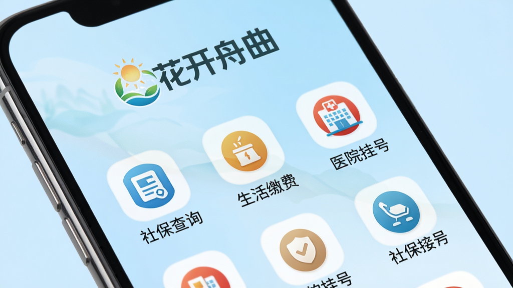 一部智能手机屏幕特写,屏幕上方显示“花开舟曲”LOGO,下方展示多个便民服务图标,如“社保查询”“生活缴费”“医院挂号”等,图标排列整齐,背景是柔和的浅蓝色渐变,风格清新浅色,细节清晰,画质高清,干净无多余元素