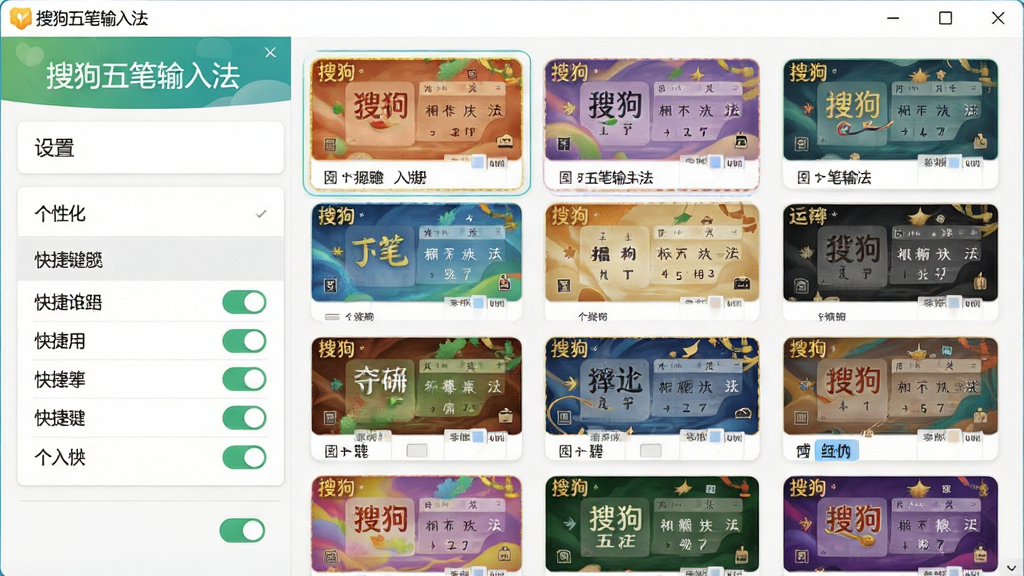 一张展示搜狗五笔输入法个性化皮肤与快捷键设置的画面,主体为输入法设置界面与多款皮肤预览缩略图,布局为左侧设置选项右侧皮肤展示,排版上采用卡片式排列,风格为清新明快,细节包括色彩丰富的皮肤样式、快捷键列表、开关按钮,画质清晰干净无多余元素,画面中文字标注“搜狗五笔输入法”