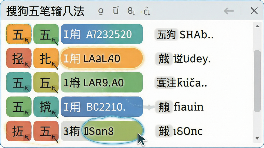 一张展示搜狗五笔输入法五笔拼音混输功能的画面,主体为输入法候选框内同时出现五笔编码与拼音编码对应的汉字候选,布局为左侧五笔拆解右侧拼音提示,排版上候选词横向排列,风格为扁平化界面设计,细节包括字根颜色区分、编码高亮、光标定位,画质清晰干净无多余元素,画面中文字标注“搜狗五笔输入法”