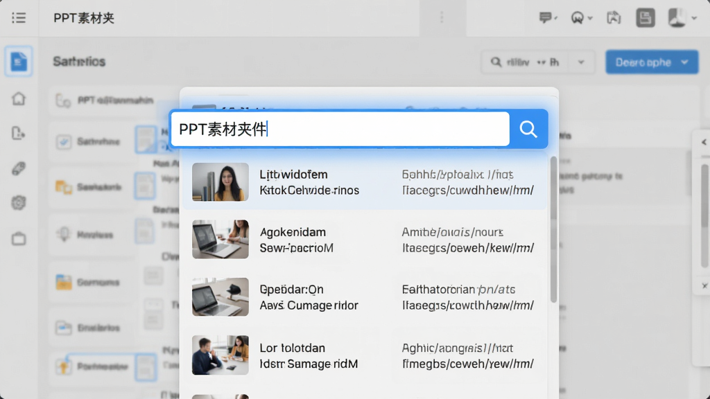 PPT素材夹软件的搜索功能展示图,画面中央为搜索框输入关键词后弹出的实时结果列表,列表内显示素材缩略图、文件名和所在路径,背景为浅灰色工作区,搜索框高亮显示,整体风格清爽极简,画质清晰,无杂乱元素。