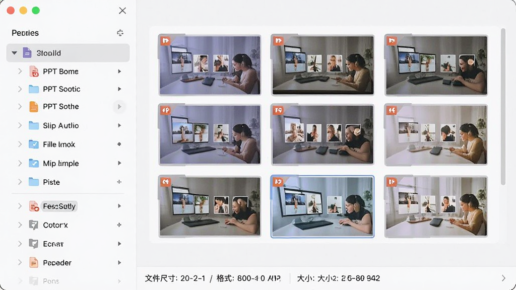 PPT素材夹软件中素材预览面板的界面图,画面展示一个PPT模板文件的预览状态,左侧为文件列表,右侧大图显示幻灯片缩略图网格,底部显示文件尺寸、格式、大小等信息,界面风格简约现代,配色柔和,画质高清,无多余元素。