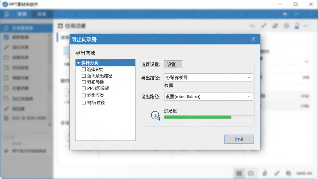 PPT素材夹软件的备份与迁移功能界面图,画面显示导出向导窗口,包含选择分类、设置导出路径、进度条等元素,背景为软件主界面虚化,整体风格商务简洁,蓝灰配色,画质清晰,无杂乱内容。
