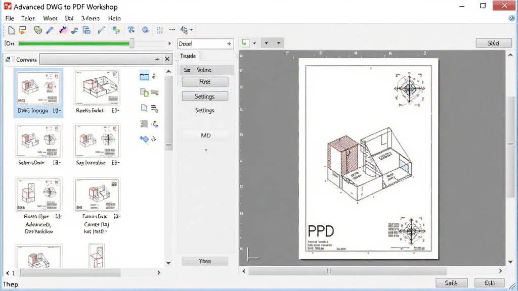 һ��չʾ Advanced DWG to PDF Workshop ���������ͼƬ�������ǵ�����Ļ�ϴ򿪵��������ڣ������ʾ DWG ͼֽ����ͼ�б����Ҳ��� PDF Ԥ�����򣬲���Ϊ���͵�˫��ת�����߽��棬�Ű��������࣬���Ϊ�ִ��칫������ͼ���ϸ�ڰ���ת�������������ð�ť�����������ɾ��޶���Ԫ��
