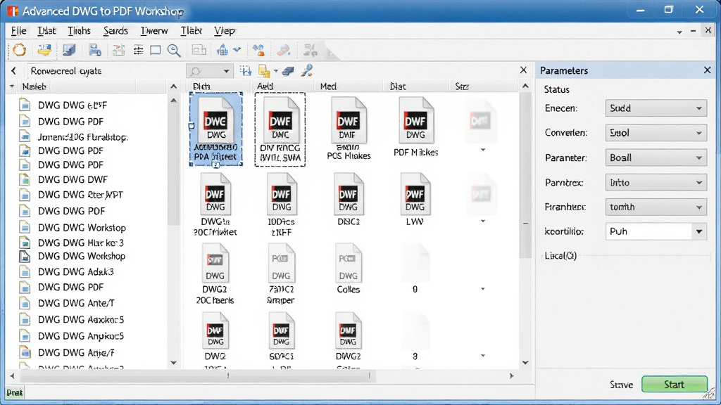 һ��չʾ Advanced DWG to PDF Workshop ����ת�����ܵ�ͼƬ�����������������ж�� DWG �ļ���ͬʱѡ�в����ӵ�ת���б�������Ϊ����ļ��б��Ҳ����������壬�Ű��������򣬷��Ϊרҵ���������ͼ��ϸ�ڰ����ļ����ơ�״̬���Ϳ�ʼת����ť�����������ɾ��޶���Ԫ��