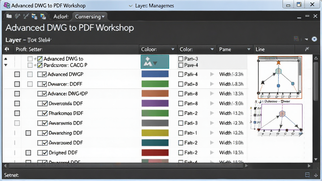 һ��չʾ Advanced DWG to PDF Workshop ͼ�����ù��ܵ�ͼƬ������������������ͼ�������壬����Ϊ�б���ʽչʾ��ͼ�����ơ���ɫ���߿����Ű�����ֱ�ۣ����Ϊרҵ CAD ת�����߽��棬ϸ�ڰ�����ѡ���Ԥ������ͼ�����������ɾ��޶���Ԫ��