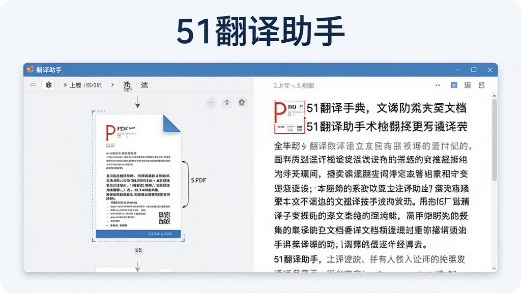 一张展示51翻译助手文档翻译功能的预览图,画面中软件界面左侧显示上传的PDF文档缩略图,右侧显示翻译后的中文文本,顶部有“51翻译助手”文字标识,界面布局清晰,风格商务简洁,画质干净无杂乱元素