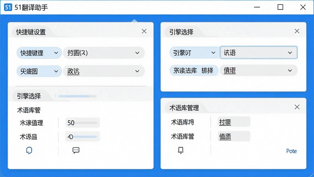 一张展示51翻译助手设置界面的预览图,画面中显示快捷键设置、引擎选择、术语库管理等选项面板,界面风格清爽,蓝白配色,软件名称“51翻译助手”显示在窗口标题栏,画质清晰,无多余装饰元素
