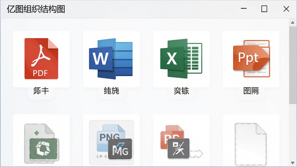 亿图组织结构图导出格式选择界面截图,画面中展示多种导出格式图标,包括PDF、Word、Excel、PPT、PNG等,界面简洁明了,配色淡雅,细节清晰,画质高清,干净无多余元素,画面中可包含文字“亿图组织结构图”