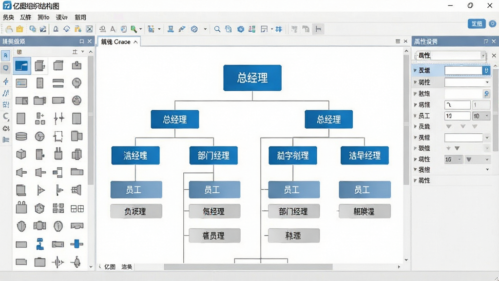 亿图组织结构图软件主界面截图,画面中央展示一张多层级的公司组织架构图,包含总经理、部门经理、员工等节点,左侧为图形符号库面板,右侧为属性设置面板,顶部为菜单工具栏,整体布局清晰,界面风格简约商务,配色以蓝白灰为主,细节精致,画质高清,干净无多余元素,画面中可包含文字“亿图组织结构图”