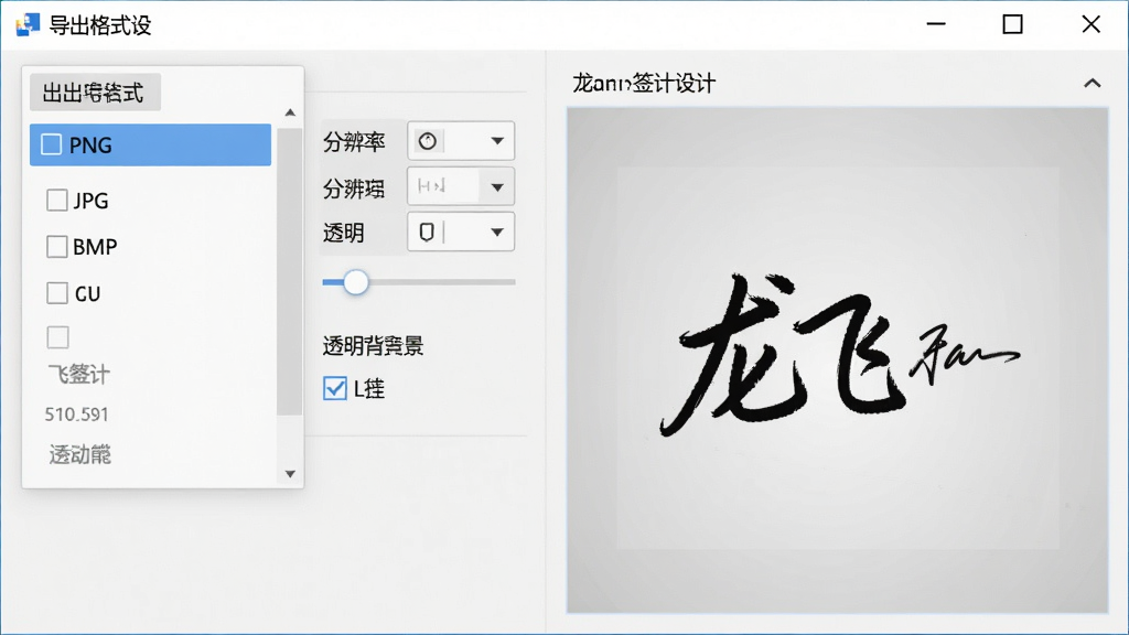 龙飞签名设计软件导出设置界面截图,画面展示导出格式选择菜单,包含PNG、JPG、BMP等选项,旁边有分辨率设置滑块和透明背景勾选框,右侧预览区显示即将导出的签名效果,风格为现代软件界面设计,细节上选项按钮清晰,预览签名完整,画质高清,干净无多余元素