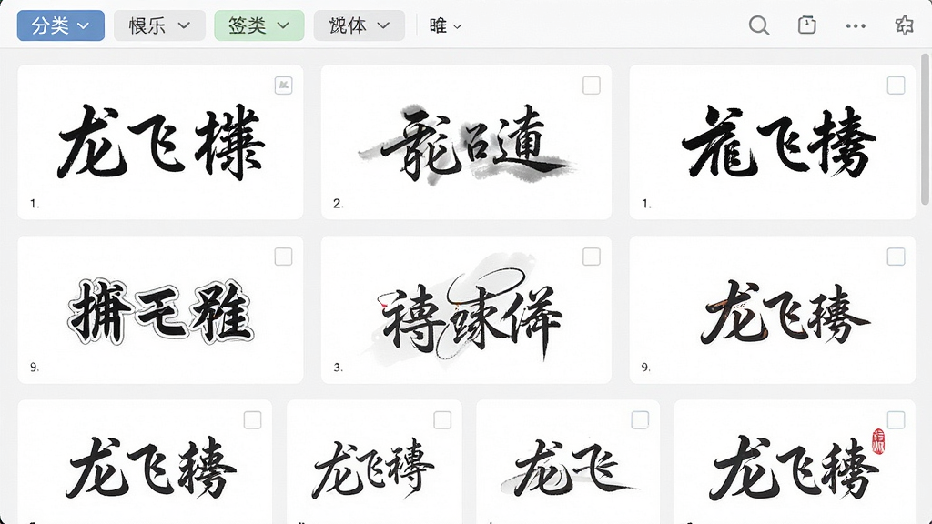 龙飞签名设计软件模板库界面截图,画面中展示网格状排列的签名模板缩略图,每个缩略图呈现不同风格的中文签名,包括行书、草书、隶书、创意连笔等样式,界面顶部有分类筛选标签,整体配色清爽,布局整齐,风格为现代扁平化设计,细节上每个签名清晰可辨,画质高清,干净无多余元素