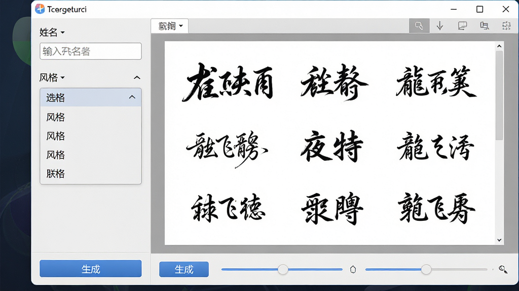 一张展示龙飞签名设计软件主界面的图片,画面中央是软件操作窗口,左侧显示姓名输入框和风格选择菜单,右侧预览区展示多个不同风格的中文艺术签名效果,包括行书、草书、楷书等样式,窗口下方有生成按钮和参数调节滑块,整体布局清晰整洁,风格为现代软件界面设计,细节上体现签名线条流畅自然,画质高清,干净无多余元素
