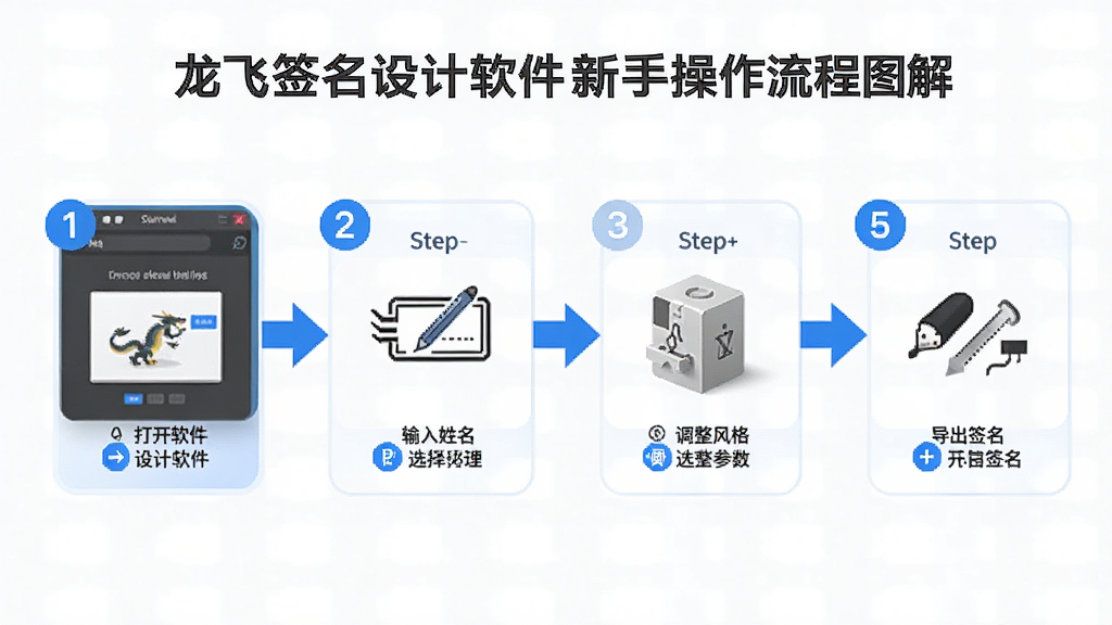 龙飞签名设计软件新手操作流程图解,画面以步骤图形式展示从打开软件、输入姓名、选择风格、调整参数到导出签名的完整流程,每个步骤配以简洁图标和文字说明,风格为信息图表设计,细节上步骤编号清晰,箭头指向明确,画质高清,干净无多余元素