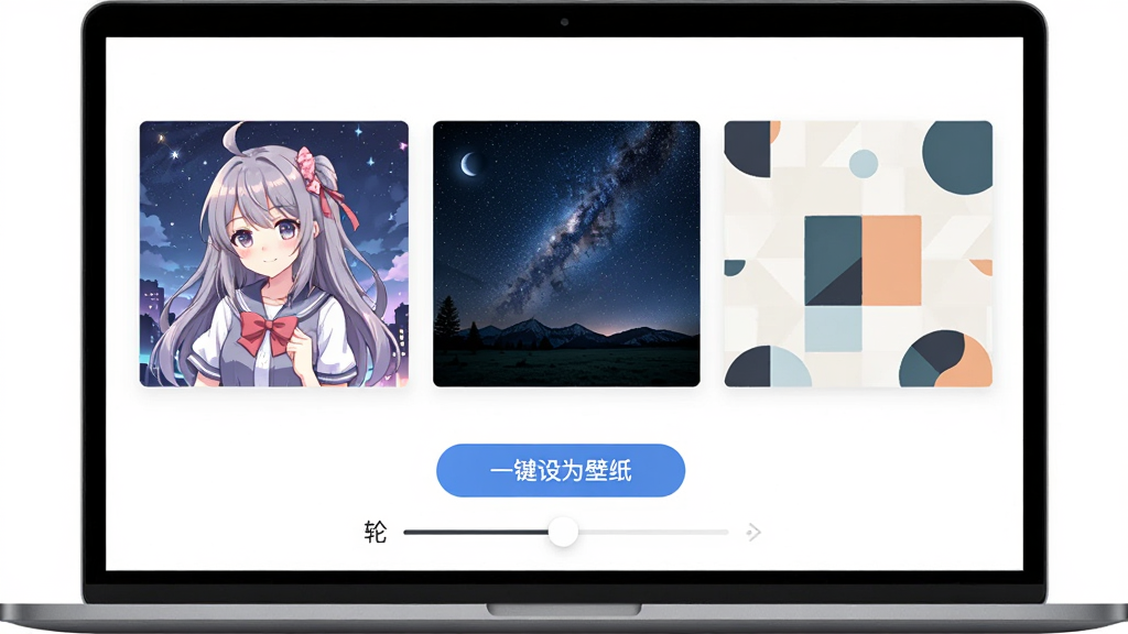 小满壁纸软件功能示意图,画面展示一台笔记本电脑屏幕,屏幕上同时呈现三张不同风格的壁纸缩略图排列展示,包括动漫少女、星空夜景和简约几何图案,屏幕下方有“一键设为壁纸”按钮和轮播设置滑块,整体风格清新淡雅,UI设计简洁,画质清晰,无多余装饰元素
