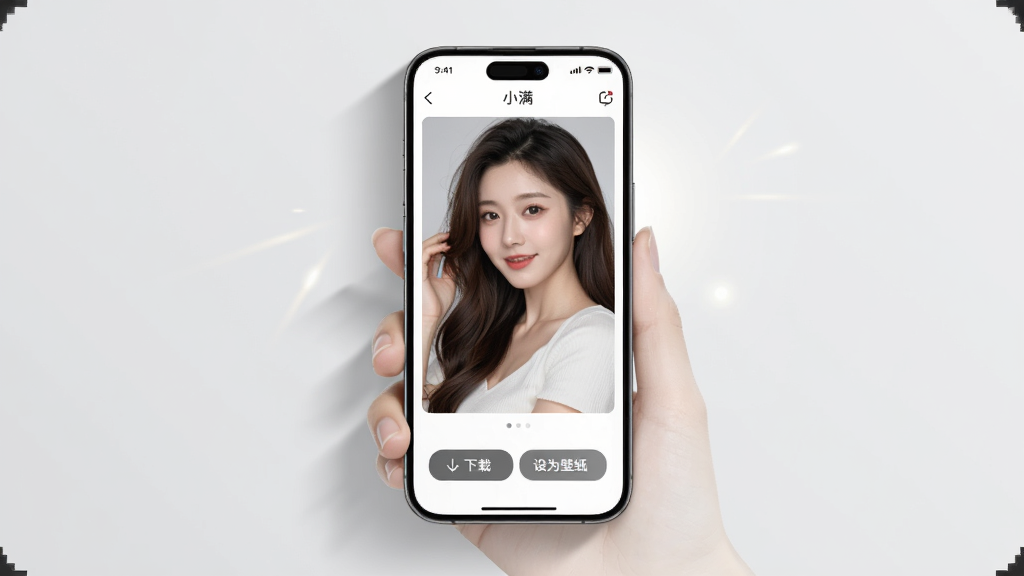 小满壁纸移动端使用场景图,画面展示一部智能手机竖向握持,屏幕内显示小满壁纸APP界面,壁纸预览区域展示一张竖屏高清美女壁纸,下方有下载按钮和设为壁纸选项,手机周围有简洁的阴影和光效,背景为浅灰色,整体风格干净现代,画质细腻,无多余元素