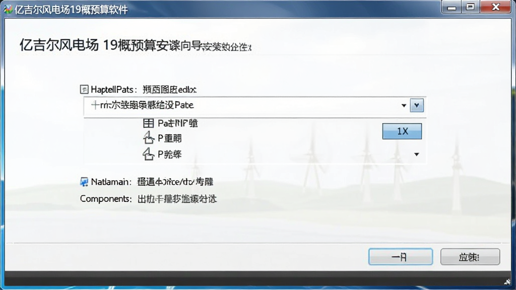 亿吉尔风电场19概预算软件在Windows电脑上的安装向导界面,画面显示安装路径选择与组件检测步骤,界面简洁,风格为软件安装截图,细节清晰,画质干净,无多余元素