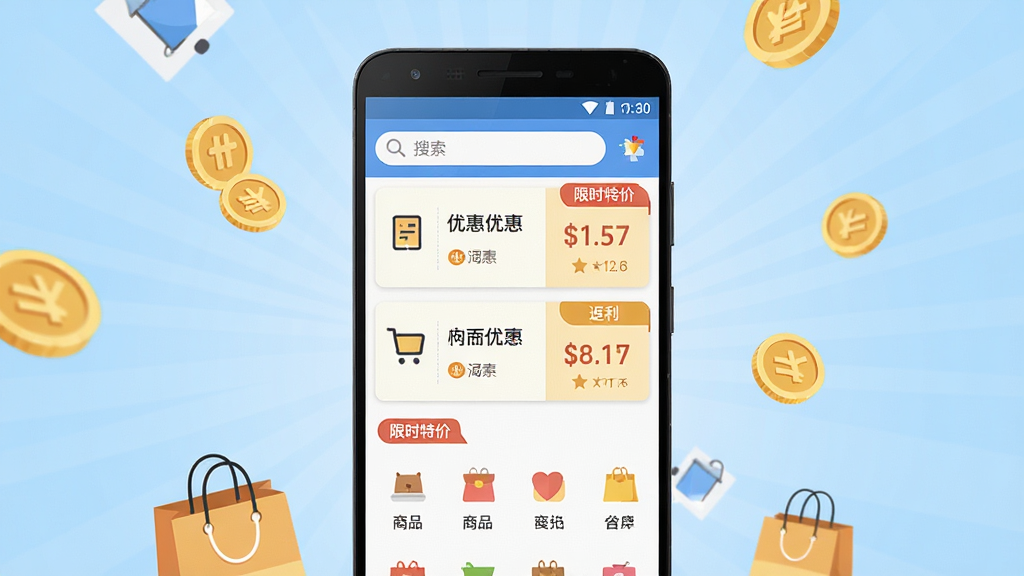 ��ʡʡ�����ֻ�Ӧ��������չʾ������������һ����׿�ֻ�����Ļ��ʾ�����Ż�ȯ�б�����Ʒ����ͼ�꣬����Ϊǳ��ɫ���䣬����ɢ���Һ͹����Ԫ�أ����ּ����У�������±�ƽ����ϸ�ڰ�������������ʱ�ؼ۱�ǩ�ͷ���������֣����������ɾ��޶���Ԫ��