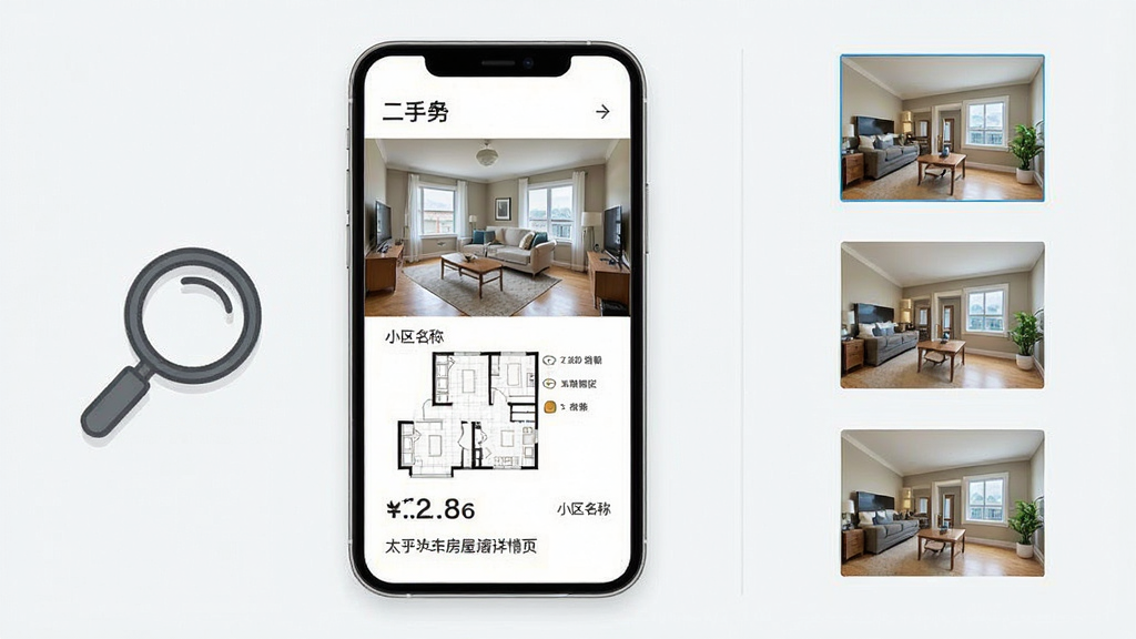 一张太平洋房屋房源详情页的界面展示图,画面主体为手机屏幕,屏幕内显示一套二手房的详细信息,包括客厅实景照片、户型图、价格数字和小区名称,手机旁边放置一个放大镜图标和几张小户型缩略图,布局为左右分栏,风格为现代扁平化设计,细节包含家具轮廓和文字标签,画质高清,干净整洁,无多余装饰