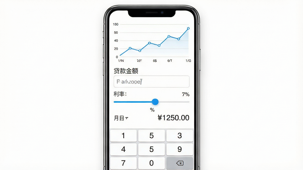 一张太平洋房屋房贷计算器功能展示图,画面中央为手机屏幕,屏幕内显示贷款金额输入框、利率滑块和月供结果数字,屏幕上方有一个折线图表示房价走势,整体布局为纵向排列,风格为金融工具类界面设计,细节包含数字键盘和百分比符号,画质高清,背景为白色,干净简洁,无多余元素
