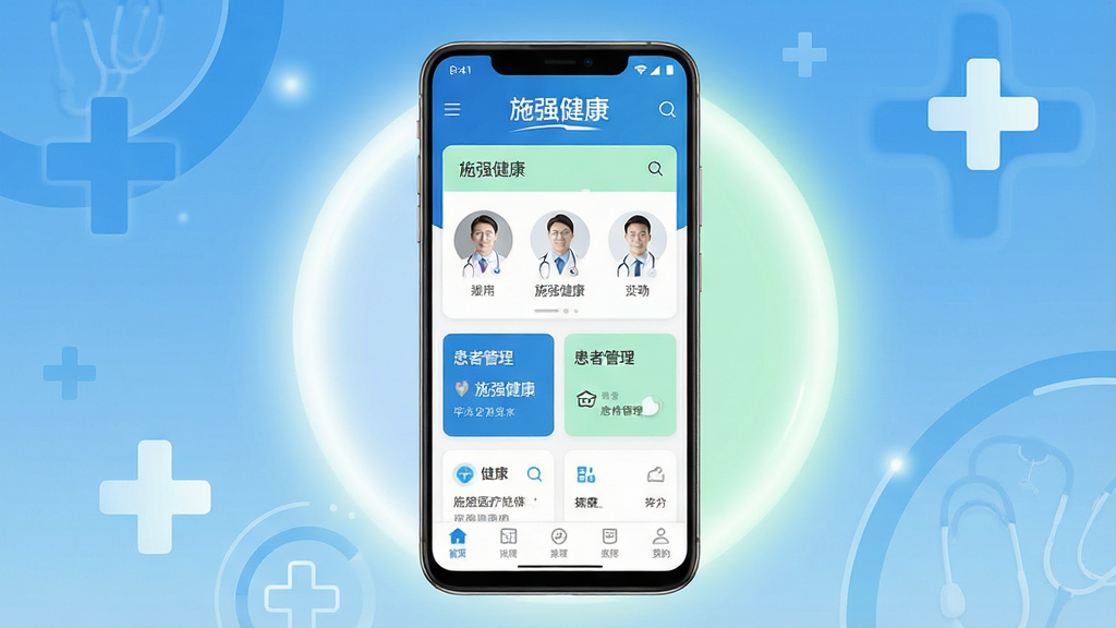һ���ֻ���Ļչʾҽ�ƽ�����APP�����ͼƬ������������һ��������׿�ֻ����ֻ���Ļ����ʾ��ʩǿ������APP��ҳ����ҳ�����С�ʩǿ���������ֱ�ʶ���в���ҽ��ͷ���б��ͻ��߹�����Ƭ���ײ��е����������ֲ��þ��й�ͼ���ֻ���������͵Ĺ��κͼ���ҽ��ʮ��ͼ���׺��������Ϊ�ִ���Լ�Ƽ��磬ɫ��������Ϊ��������ǳ��ɫ��׺������ɾ����������������ɱ棬���ʸ��壬�޶�������Ԫ�ء�