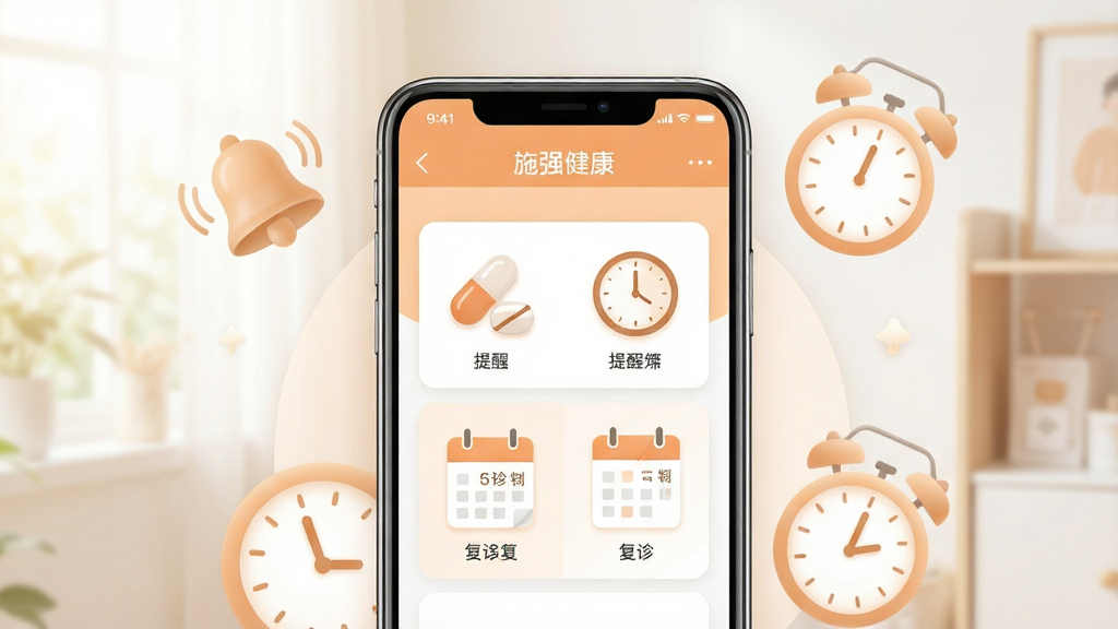 һ��չʾ��ҩ���ѹ��ܵ�ͼƬ������������һ���ֻ�����Ļ����ʾ��ʩǿ������APP���������ý��棬��ҩ��ͼ�ꡢʱ�Ӻ͸������������ֲ��þ��й�ͼ���ֻ���Χ�������������ʱ��Ԫ�ء����Ϊ��ܰ����磬ɫ����ǳ�ȺͰ�ɫΪ������������������������������ʸ��壬�޶���Ԫ�ء�