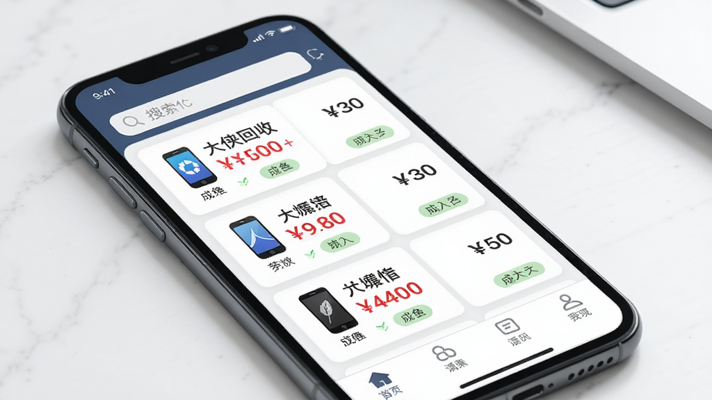 一张机大侠回收商版实时报价查询功能展示图,主体为手机屏幕显示报价列表页面,布局为顶部搜索栏、中部报价卡片列表、底部导航栏,排版清晰整齐,风格为简约商务风,细节包括不同品牌手机图标、价格数字醒目、成色标签,画质高清、干净、无多余元素
