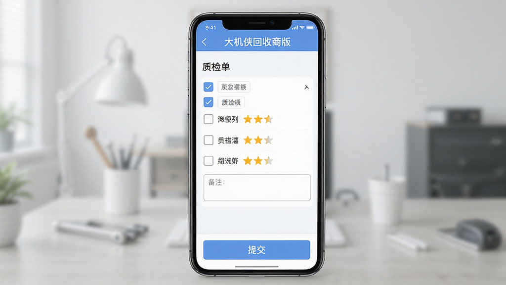 一张机大侠回收商版质检辅助工具界面图,主体为手机屏幕显示质检清单页面,布局为顶部标题栏、中部质检项列表、底部提交按钮,排版为纵向列表结构,风格为清爽浅色商务风,细节包括勾选框、评分星级、备注输入框,画质高清、干净、无多余元素