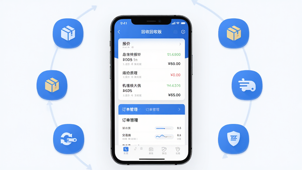 一张展示机大侠回收商版核心全貌的概念图,主体是一部智能手机屏幕显示回收商版APP界面,界面中包含报价列表和订单管理模块,布局为手机居中、四周环绕回收、质检、交易等图标元素,排版采用上下结构、手机在中心位置,风格为现代科技感扁平化设计,细节包括蓝色主色调、简洁图标、数据面板,画质高清、干净、无多余元素