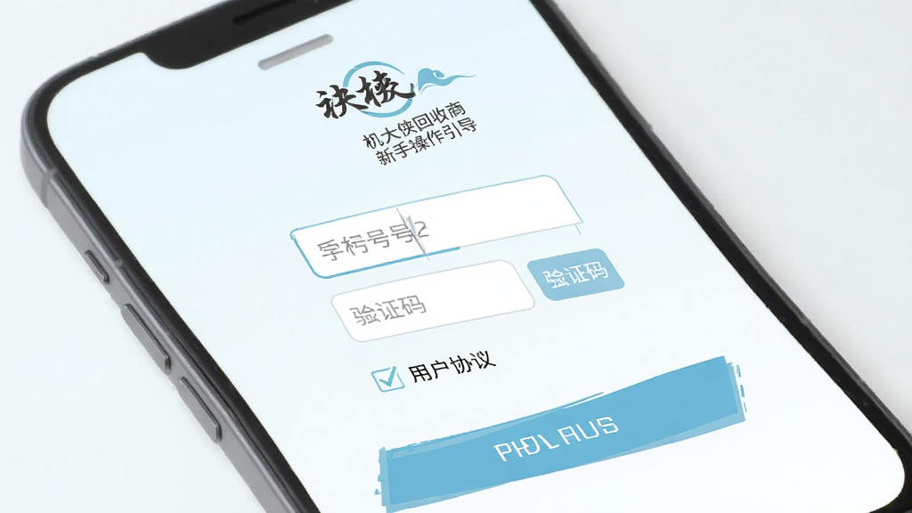 一张机大侠回收商版新手操作引导图,主体为手机屏幕显示注册登录页面,布局为顶部Logo、中部输入框、底部按钮,排版简洁明了,风格为清新浅色扁平风,细节包括手机号输入框、验证码按钮、用户协议勾选框,画质高清、干净、无多余元素