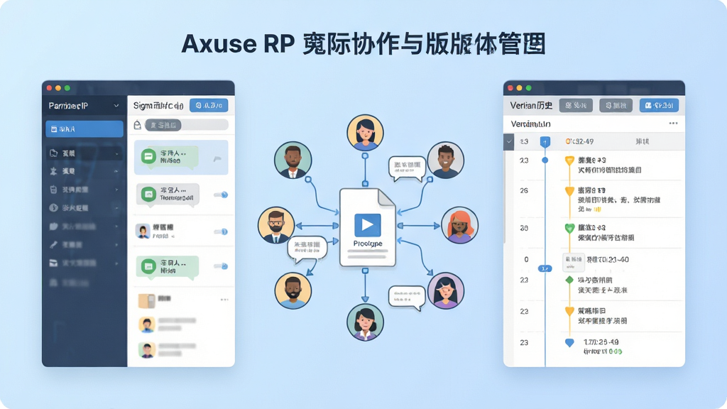 一张Axure RP团队协作与版本管理概念图,主体是软件界面中的团队项目面板与版本历史列表,画面中央是多个用户头像通过连线连接到同一份原型文件;布局为居中对称构图,背景为浅蓝色渐变;风格为简洁商务插画,细节包含签入签出按钮、评论气泡与版本时间轴;画质高清,画面干净,无多余元素。