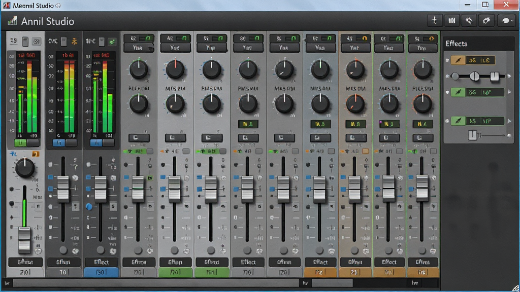 Anvil Studio 音频混音器界面,主体为软件窗口中的调音台面板,布局为多通道纵向推子排列,风格为专业音频处理工具,细节包含电平表、声像旋钮、效果发送标签,画质高清、干净、无多余元素