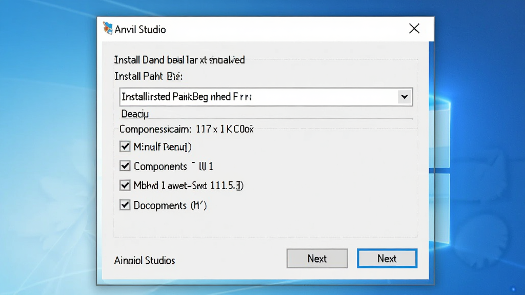 Anvil Studio 在Windows电脑上的安装向导界面,主体为安装程序窗口,布局为居中对话框,风格为简洁软件安装界面,细节包含安装路径选择、组件勾选项、下一步按钮,画质高清、干净、无多余元素