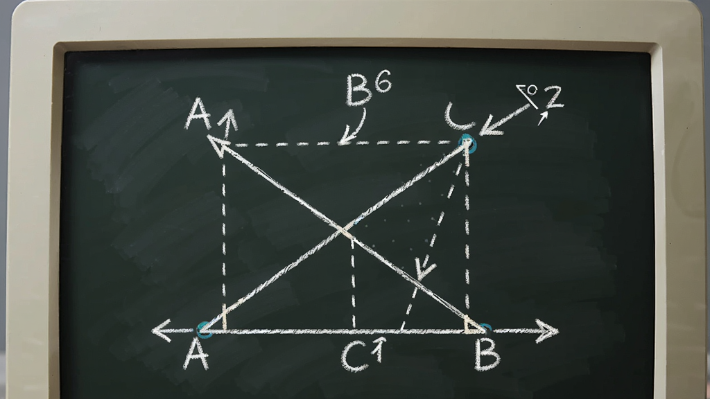 中学数学绘图专家图形标注功能演示,主体为电脑屏幕上的几何图形,图形上方标注有字母A、B、C和角度数值,布局为局部特写,排版清晰,风格为教学板书风,细节包括标注箭头和虚线辅助线,画质清晰,干净,无多余元素
